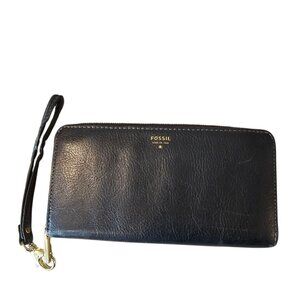 Fossil Zip Around Clutch Black Leather Wallet Wristlet Clutch Classic 8x4"